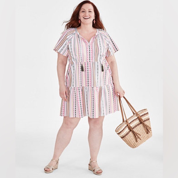 Style & Co. Dresses & Skirts - Style & Co Women's Stripe Split-Neck Tiered 100% Cotton Dress Size XL